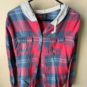Daytrip Red and Blue Plaid Shirt with Gray Hood